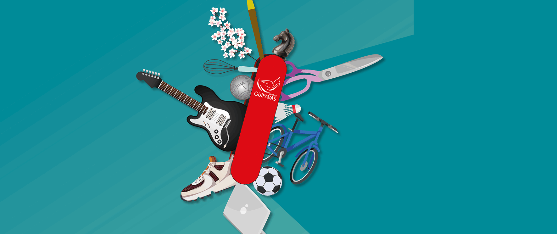 Affiche du Forum des associations 2025 de Guipavas : un couteau suisse comprenant différents outils et objets représentant les différentes associations de la ville