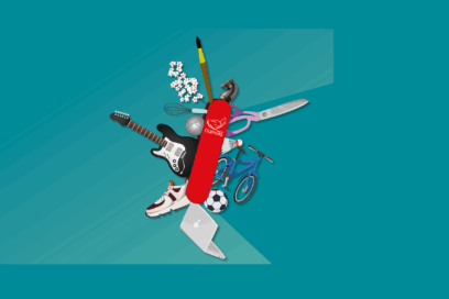 Affiche du Forum des associations 2025 de Guipavas : un couteau suisse comprenant différents outils et objets représentant les différentes associations de la ville - Agrandir l'image, fenêtre modale