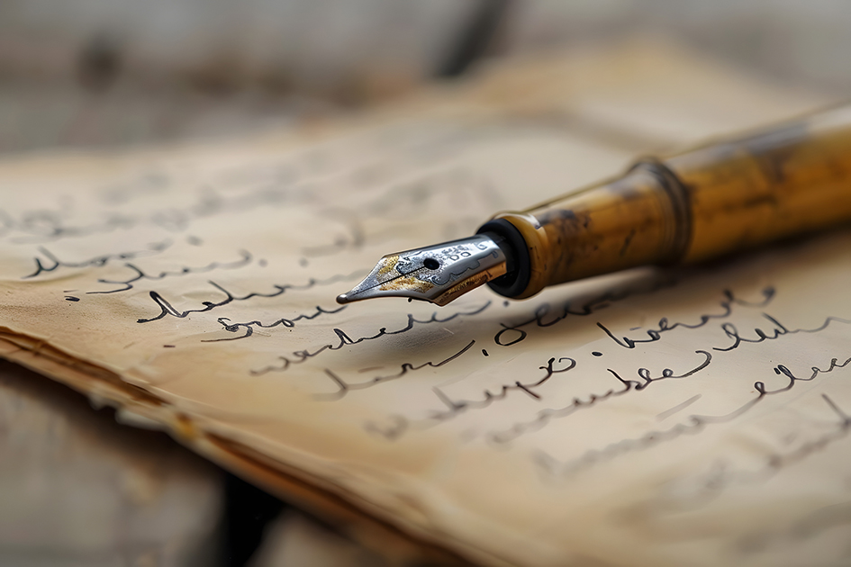 Porte-plume ancien posé sur un ancien manuscrit jauni par le temps