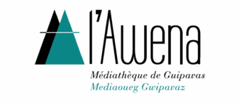 Logo de la médiathèque AWENA à Guipavas. Le logo, en noir et vert foncé est constitué de lettres noires (composant le nom "Awena"). à gauche de ces lettres, 2 triangles noir et vert superposés, comme s'il s'agissait de 2 montagnes superposées.