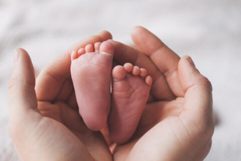 Gros plan sur 2 mains qui tiennent entre elles les pieds d'un bébé