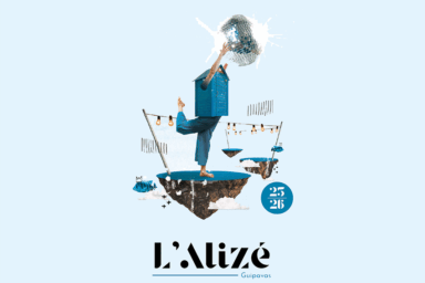 Affiche de la saison 2025-2026 de la salle de spectacle L'Alizé à Guipavas. L’esprit graphique de l’année dernière a été conservé. Une maison colorée et personnifiée, reposant sur un lopin de terre rappelant la fin des travaux, mais aussi l’idée d’envol, l’envie de vous accueillir et de partager de nouveaux moments magiques. La boule à facettes rappelle le spectacle. Les poissons avec leurs petites couronnes amènent une touche décalée. Et les nuages ? Ils vous invitent à garder parfois un peu la tête dans les nuages et à rêver…