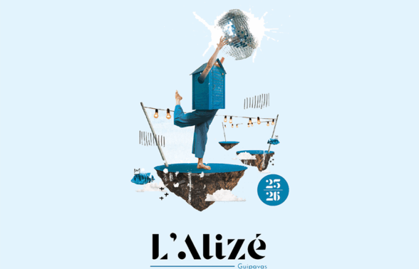 Affiche de la saison 2025-2026 de la salle de spectacle L'Alizé à Guipavas. L’esprit graphique de l’année dernière a été conservé. Une maison colorée et personnifiée, reposant sur un lopin de terre rappelant la fin des travaux, mais aussi l’idée d’envol, l’envie de vous accueillir et de partager de nouveaux moments magiques. La boule à facettes rappelle le spectacle. Les poissons avec leurs petites couronnes amènent une touche décalée. Et les nuages ? Ils vous invitent à garder parfois un peu la tête dans les nuages et à rêver…