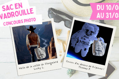 affiche du concours photo de la médiathèque L'Awena (à Guipavas). Le visuel montre 2 polaroïds sur lesquels des personnages portent le totebag de la médithèque. Elles se trouvent dans des lieux insolites : la Vallée de la Mort et l'espace. - Agrandir l'image, fenêtre modale