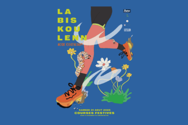 affiche de la course LA BISKOULENN organisée par l'association ACDC de guipavas. Le visuel représente les jambes d'un coureur. Autour de lui, des fleurs au sol et une chenille qui grimpe sur sa jambe.