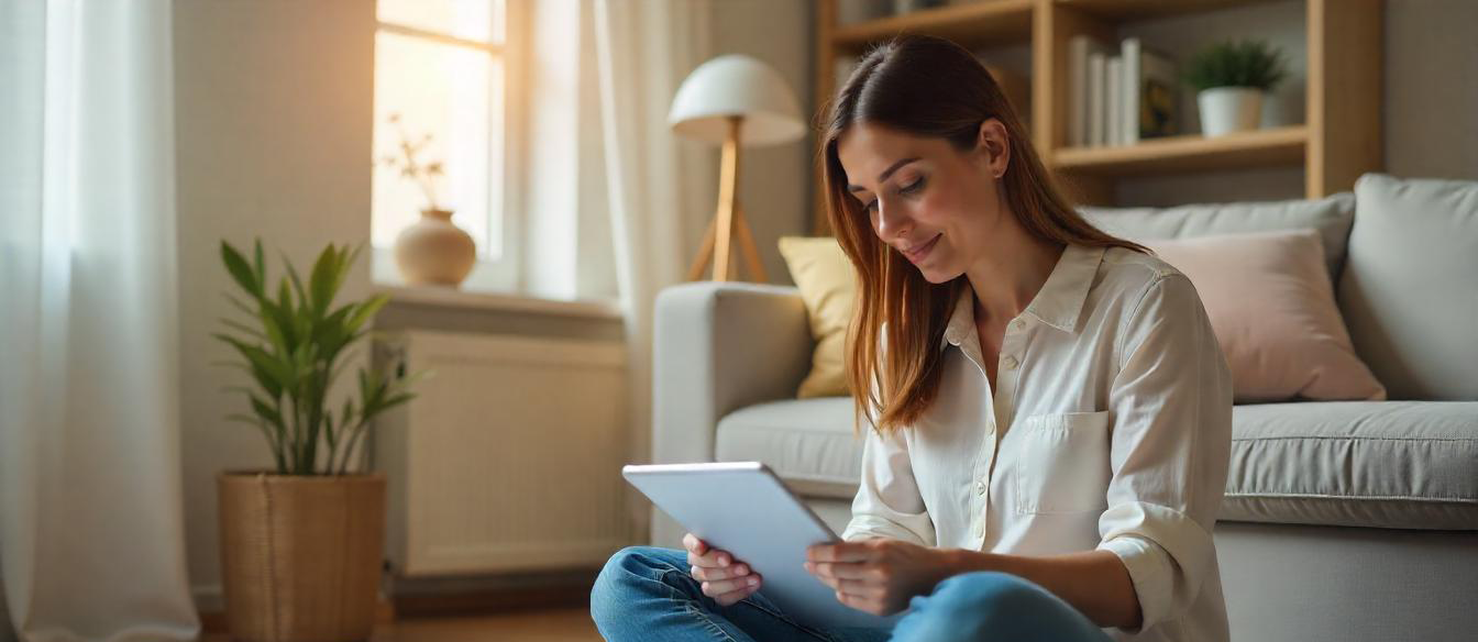 Jeune femme assise par terre dans son salon. Elle tient dans ses mains une tablette de type IPad. L'ambiance est cosy.