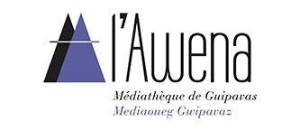Logo de la médiathèque L'Awena à Guipavas. Deux triangle violet et noir se superposent à gauche du nom de la médaithèque.