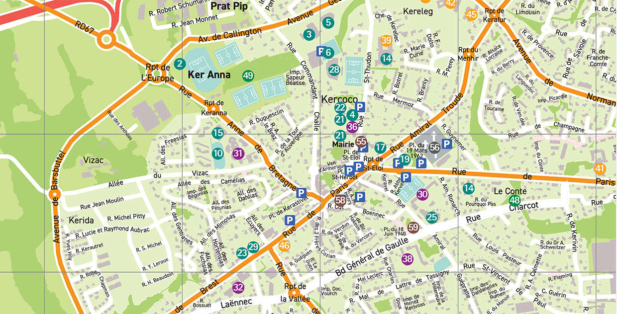 Plan de la ville de Guipavas. Le fond est vert et les rues sont indiquées en blanc. Plusieurs points sont mis en exergue ainsi que les parkings.