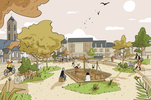 esquisse illustrant le projet de réaménagement du centre-ville de guipavas. On voit une aire de jeux pour enfants, en bois, et des enfants y jouent. L'ensemble est arboré et spacieux.