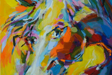 peinture de Frédéric Le Blay. Mélange de couleurs avec beaucoup de jaune. Ces couleurs forment au final la tête d'un cheval.