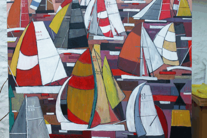 peiuture avec nombreux voiliers qui se mélangent. les voiles sont de différentes couleurs (blanc, jaune, rouge, jaune). - Agrandir l'image, fenêtre modale