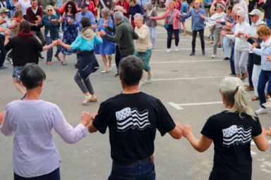 hommes et femmes qui dansent une danse bretonne en extérieur. Certains portent le drapeau breton sur leur tee-shirt. ils 'agit d'une scène prise lors de la fête de la Bretagne à Guipavas.