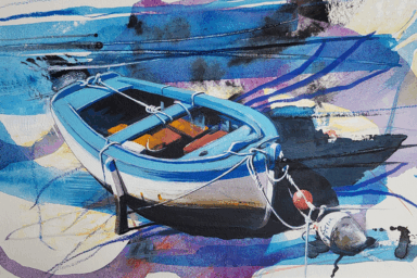 une barque en bois de couleur bleue et blanche échouée sur le sable à marée basse