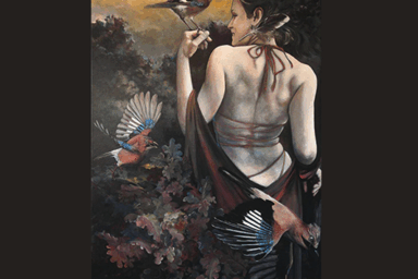 peinture représentant une femme de dos. Cette femme est presque dénudée. Elle porte uniquement une étole rouge et noire qui glisse sur son corps. Il s'agit d'une peinture de Naig Le Meur.