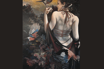 peinture représentant une femme de dos. Cette femme est presque dénudée. Elle porte uniquement une étole rouge et noire qui glisse sur son corps. Il s'agit d'une peinture de Naig Le Meur. - Agrandir l'image, fenêtre modale