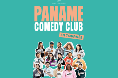 affiche de la comédie Paname Comedy Club. Fond vert d'eau. 15 personnes au premier plan, habillés en couleurs vives. Sur chacune est ajouté un petit encart blanc sur lequel est écrit son prénom. - Agrandir l'image, fenêtre modale