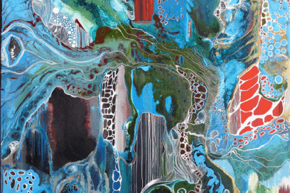 Peinture de Sandra Noury : une peinture très colorée à prédominance de bleu et vert. Les couleurs se mélangent. Peinture abstraite. - Agrandir l'image, fenêtre modale