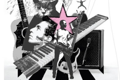 Illustration pour le concert de Calogero avec un visuel de l'artiste bassiste, un chat, une guitare, un ampli, un micro et une étoile rose