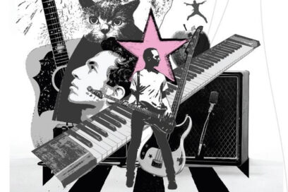 Illustration pour le concert de Calogero avec un visuel de l'artiste bassiste, un chat, une guitare, un ampli, un micro et une étoile rose - Agrandir l'image, fenêtre modale