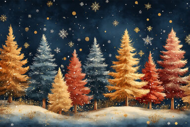 visuel peint de Noël 2025 pour Guipavas. Une forêt de sapins jaunes, rouges et bleus dans une nuit étoilée avec chute de neige