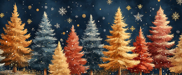 visuel peint de Noël 2025 pour Guipavas. Une forêt de sapins jaunes, rouges et bleus dans une nuit étoilée avec chute de neige