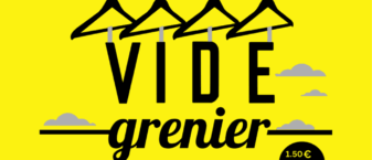 affiche sur fond jaune annonçant la tenue d'un vide-grenier à Guipavas le dimanche 5 octobre. l'affiche contient quelques images/dessins représentant un ours en peluche et un landeau. le tarif d'entrée est de 1,50€.