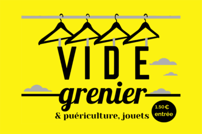 affiche sur fond jaune annonçant la tenue d'un vide-grenier à Guipavas le dimanche 5 octobre. l'affiche contient quelques images/dessins représentant un ours en peluche et un landeau. le tarif d'entrée est de 1,50€. - Agrandir l'image, fenêtre modale