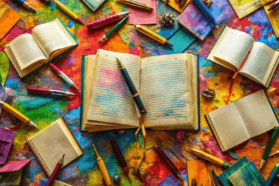 un cahier ouvert avec un stylo sur un fonds coloré - Agrandir l'image, fenêtre modale