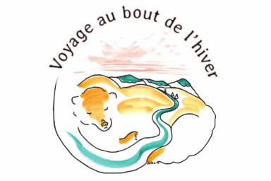 un dessin d'animal endormi avec des montagnes au loin