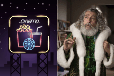 deux images côte à côte. A gauche, un pictogramme néon cinéma. A droite, Alain Chabat avec un costume de père noël vert