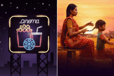 deux images côte à côte. A gauche, un pictogramme néon cinéma. A droite, une femme indienne tresse les cheveux d'une petite fille indienne qui tresse les cheveux d'une poupée.