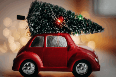 Mini voiture rouge avec sur son toit un sapin de noël