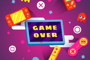 Il y est écrit game over, avec en décor des space invaders et des consoles de jeux portatives
