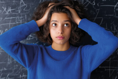 Jeune fille qui se tient la tête et a l'air perdu devant un tableur noir couvert d'inscription mathématique à la craie