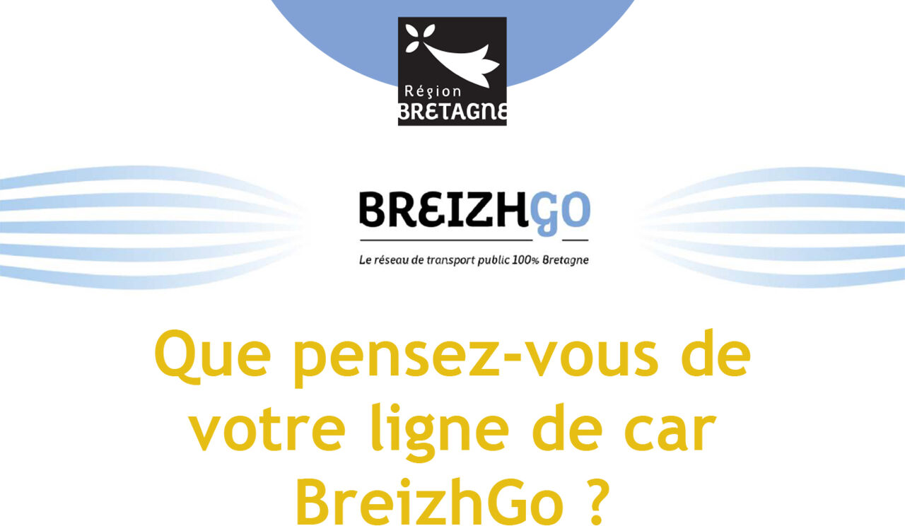 Logo de la région Bretagne et du réseau de transport public 100% Bretagne BreizhGo au dessus de la phrase : que pensez-vous de votre ligne de car Breizh Go ?