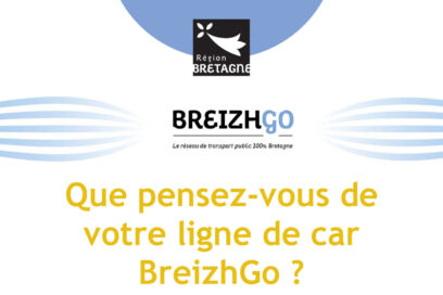 Logo de la région Bretagne et du réseau de transport public 100% Bretagne BreizhGo au dessus de la phrase : que pensez-vous de votre ligne de car Breizh Go ? - Agrandir l'image, fenêtre modale