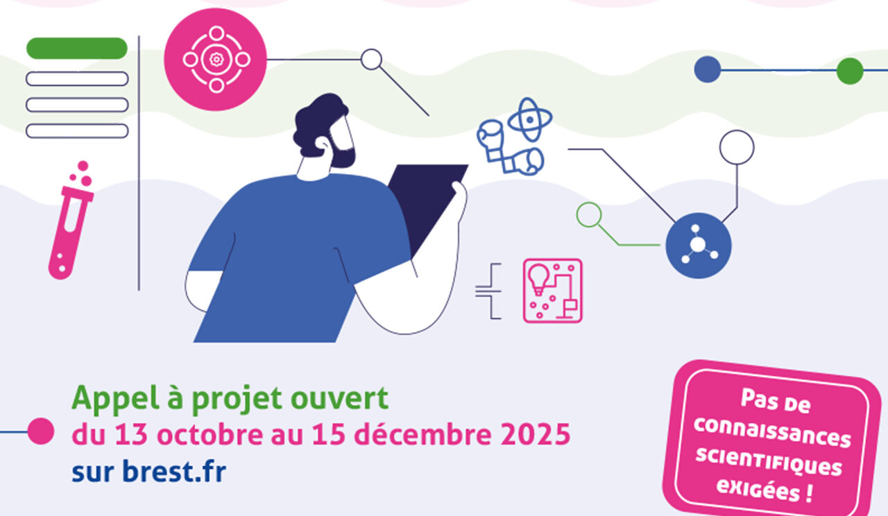 Dessin d'un homme avec un dossier entouré d'éprouvette et de molécule avec le texte suivant : appel à projet ouvert du 13 ocotbre au 15 décembre 2025. Pas de connaissances scientifiques exigées !