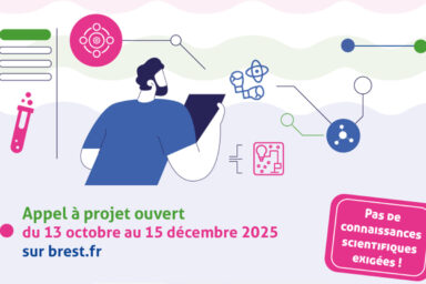 Dessin d'un homme avec un dossier entouré d'éprouvette et de molécule avec le texte suivant : appel à projet ouvert du 13 ocotbre au 15 décembre 2025. Pas de connaissances scientifiques exigées !