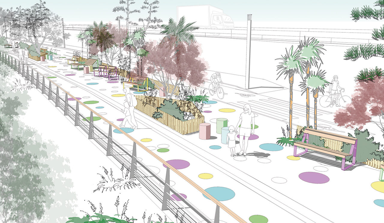 Projection en 3D de la future promenade végétalisée offrant des zones pour s'asseoir, et des cheminement piéton et vélo