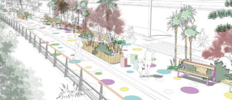 Projection en 3D de la future promenade végétalisée offrant des zones pour s'asseoir, et des cheminement piéton et vélo