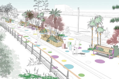 Projection en 3D de la future promenade végétalisée offrant des zones pour s'asseoir, et des cheminement piéton et vélo