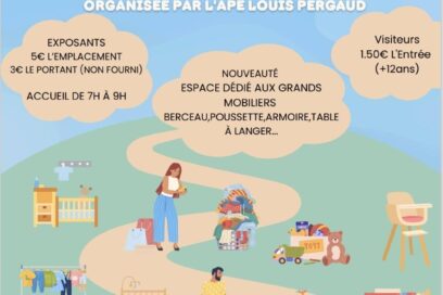 Foire à la puériculture le dimanche 8 mars 2026 de 9h à 13h. Organisée par l'APE Louis Pergaud de 9h à 13h à la halle du Moulin neuf à Guipavas. Tarifs, horaires et détails. - Agrandir l'image, fenêtre modale