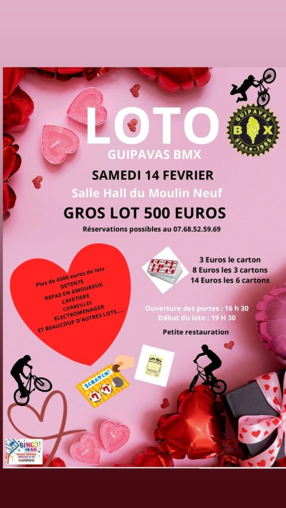 Loto organisé par Guipavas Bmx le samedi 14 février 2026 à la halle du Moulin neuf. Gros lot de 500€. - Agrandir l'image, fenêtre modale