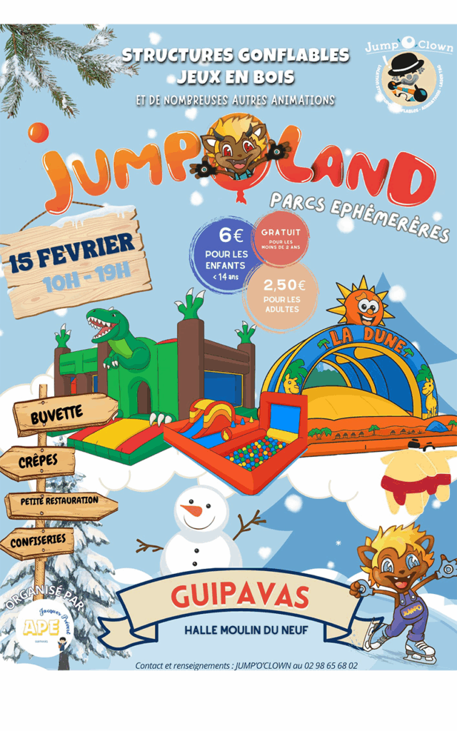 Jumpoland (structures gonflables) proposé par l'APE de l'école Jacques Prévert le 15 février de 10h à 19h à la halle du moulin neuf à Guipavas - Agrandir l'image, fenêtre modale