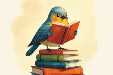 un oiseau en train de lire sur une pile de livres