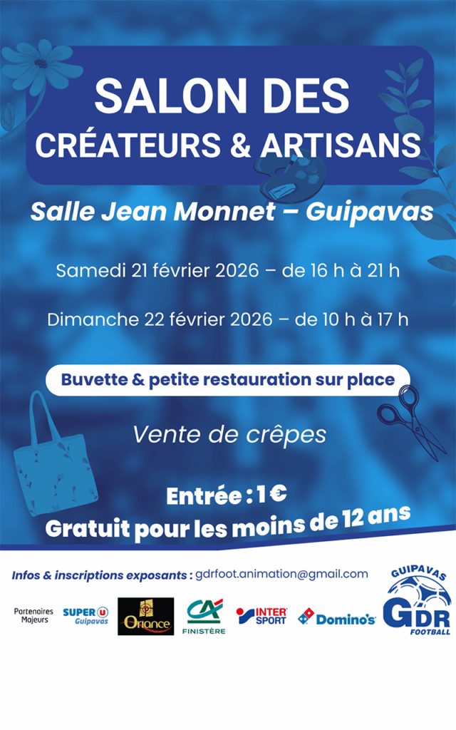 Salon des créateurs et des artisans qui se déroule les 21 et 22 février 2026 salle Jean Monnet. Organisé par GDR football - Agrandir l'image, fenêtre modale