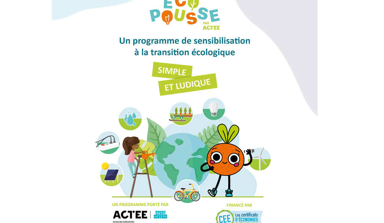 Logo Ecopousse avec le slogan : un programme de sensibilisation à la transition écologique simple et ludique avec la mascotte en forme d'orange