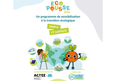 Logo Ecopousse avec le slogan : un programme de sensibilisation à la transition écologique simple et ludique avec la mascotte en forme d'orange - Agrandir l'image, fenêtre modale
