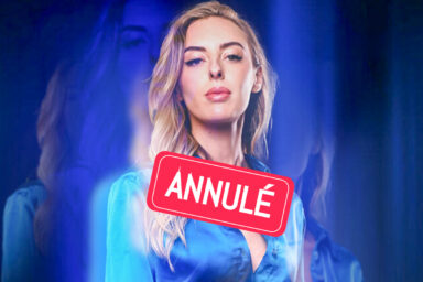 Photo de Meryem Benoua. Jeune femme blonde, cheveux long, qui porte une chemise en soie de couleur bleue. Avec la mention « Annulé »