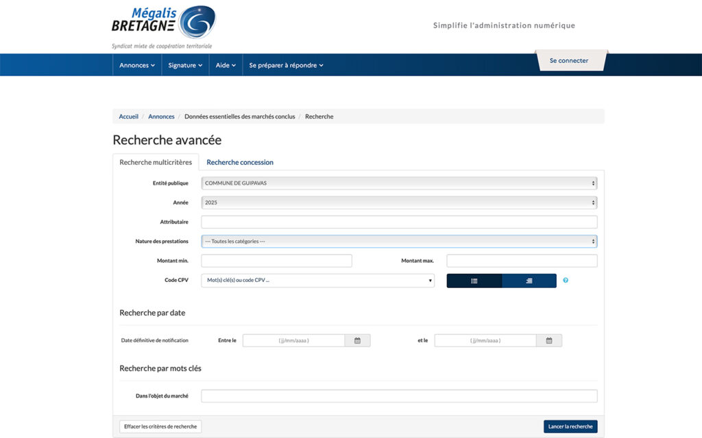 Page de la recherche avancée pour le site de Mégalis Bretagne - Agrandir l'image, fenêtre modale